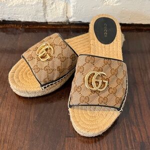Gucci GG Espadrille Sandals with Gold Logo 38